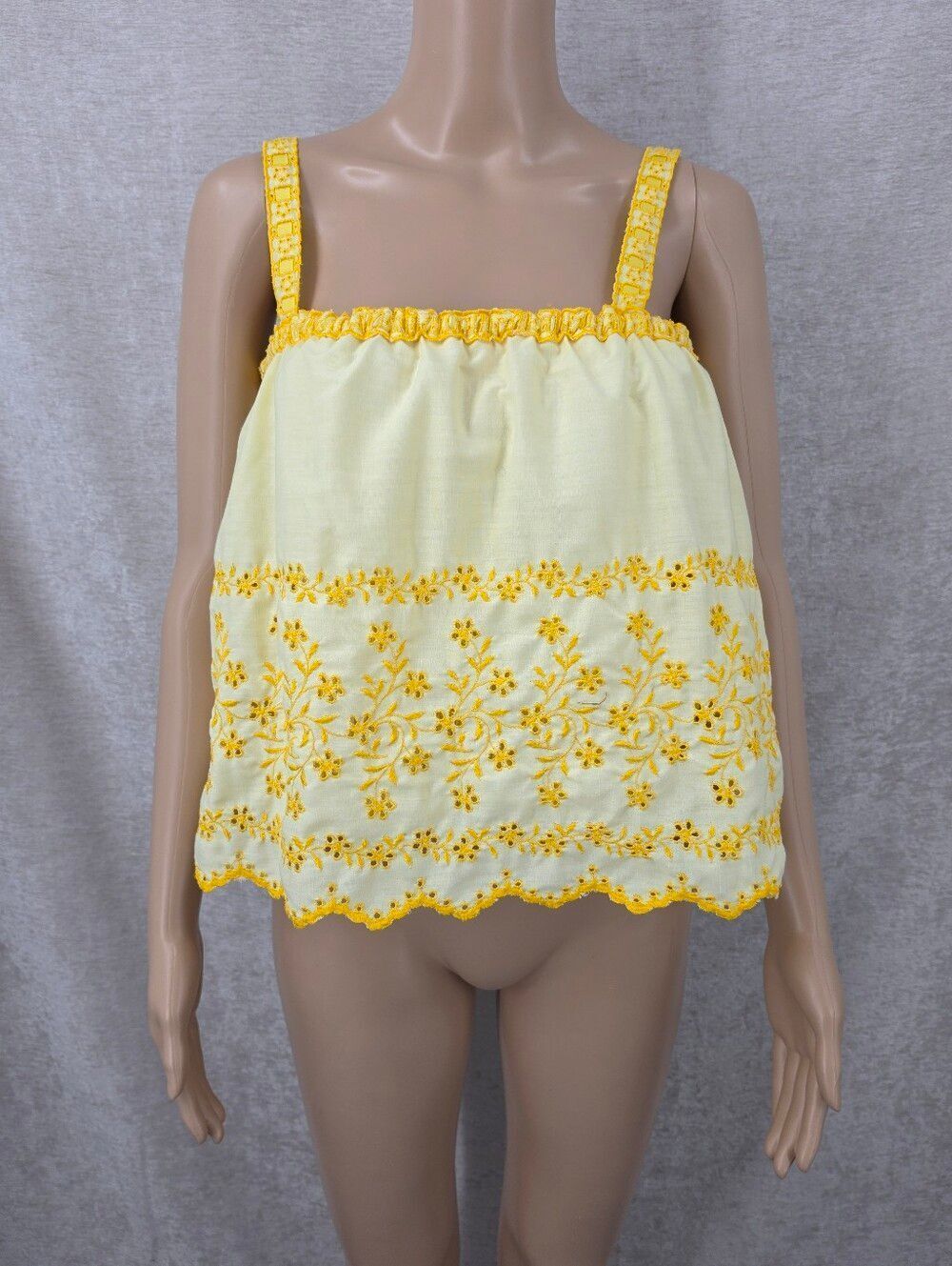 Vintage Yellow Cotton Floral Embroidered Eyelet Crop Top